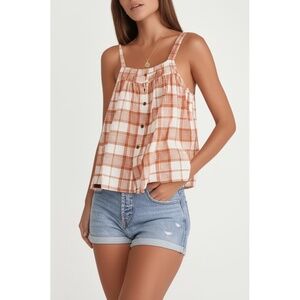 Ana Tank Top Womens Size Medium Petite Plaid Button Front Gathered Neckline Boho